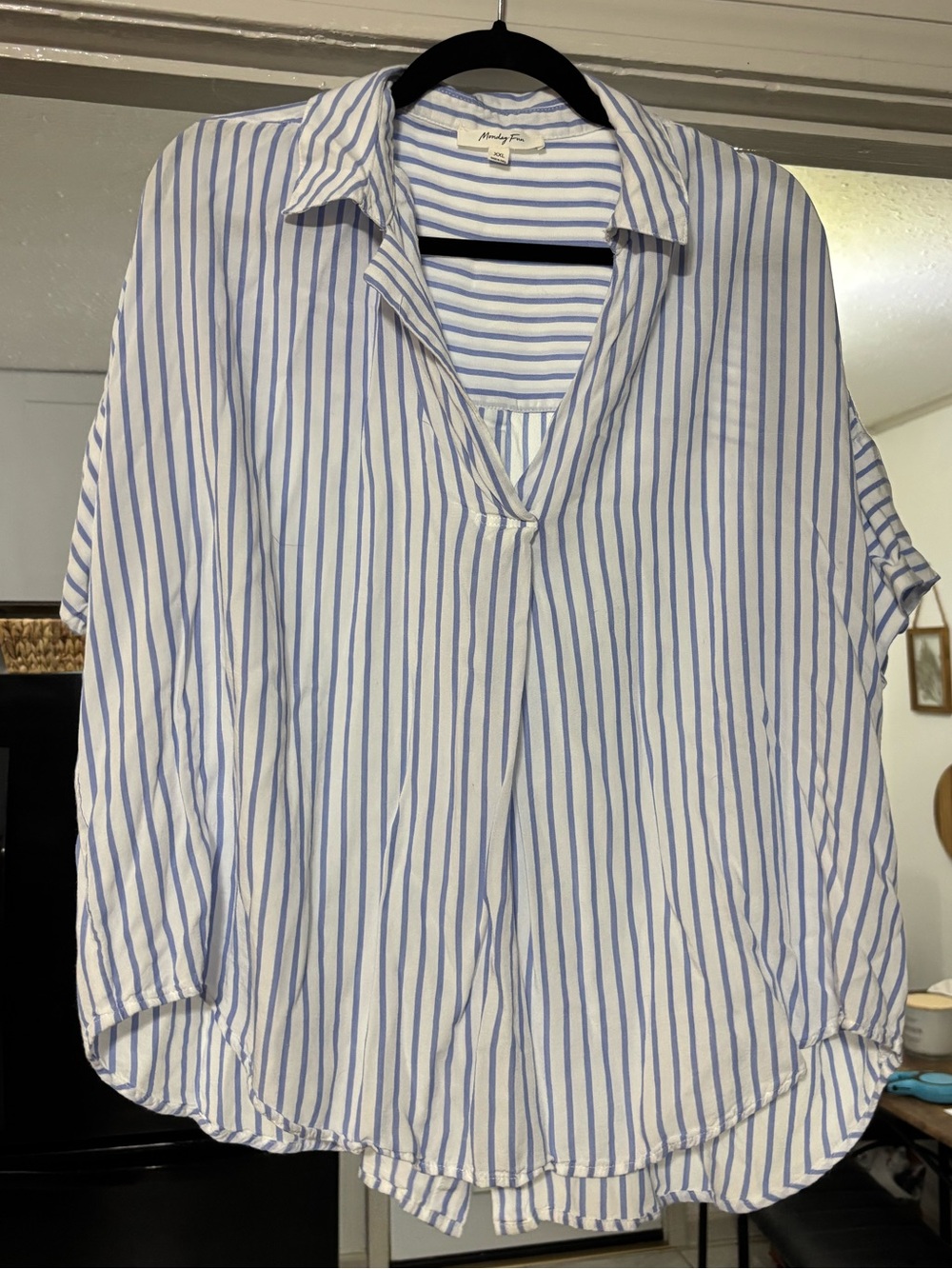 Relaxed Blue Striped V-Neck Collared Blouse - Women